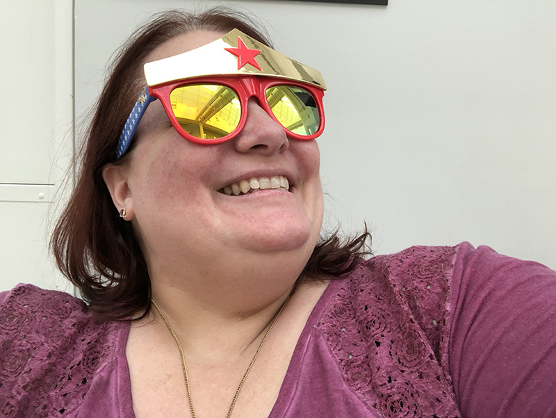 Michelle wearing Wonder Woman sunglasses
